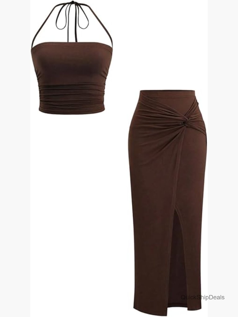 Polyester Elastane Ruched Crop Halter Top Slit Bodycon Skirt Set